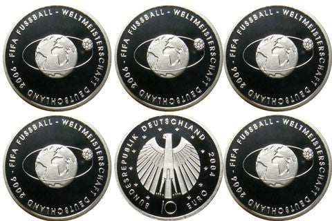 BRD 5 x 10 Euro 2004 PP 2. Ausgabe zur Fußball-WM 2006 Mzz. A - J