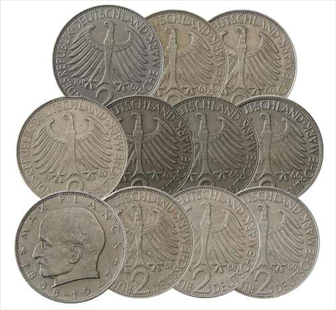 BRD 10 x 2 DM Münzen 1957-1967 Max Planck